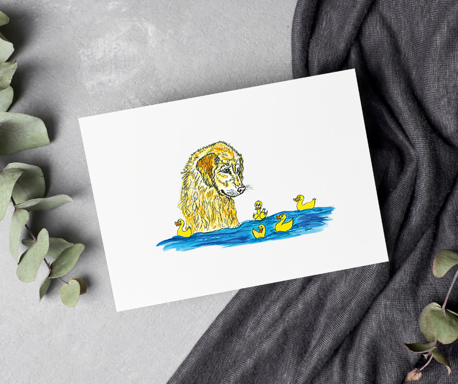 Greeting card print hamish retriever and duckies Original Art by Gina Batt
